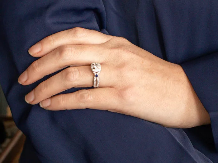 Market Square Jewelers Modern Diamond Halo and Sapphire Accent Engagement Ring Rings