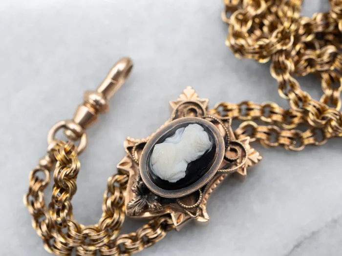 Market Square Jewelers Necklaces Antique Gold Double Rolo Link Necklace with Sardonyx Cameo Slide Pendant Market Square Jewelers Necklaces Antique Gold Double Rolo Link Necklace with Sardonyx Cameo Slide Pendant