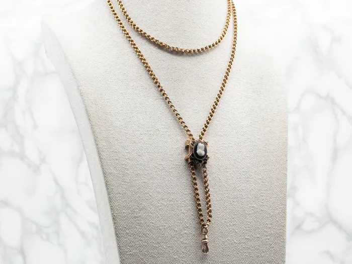 Market Square Jewelers Necklaces Antique Gold Double Rolo Link Necklace with Sardonyx Cameo Slide Pendant Market Square Jewelers Necklaces Antique Gold Double Rolo Link Necklace with Sardonyx Cameo Slide Pendant
