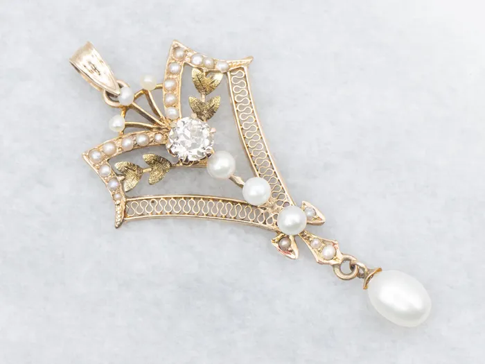 Market Square Jewelers Necklaces Antique Old Mine Cut Diamond and Pearl Lavalier Pendant Market Square Jewelers Necklaces Antique Old Mine Cut Diamond and Pearl Lavalier Pendant