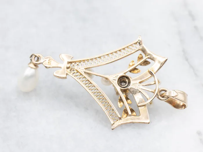 Market Square Jewelers Necklaces Antique Old Mine Cut Diamond and Pearl Lavalier Pendant
