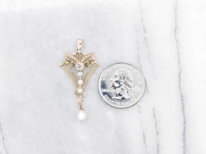 Market Square Jewelers Necklaces Antique Old Mine Cut Diamond and Pearl Lavalier Pendant