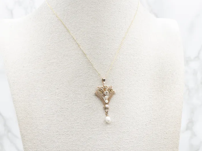 Market Square Jewelers Necklaces Antique Old Mine Cut Diamond and Pearl Lavalier Pendant
