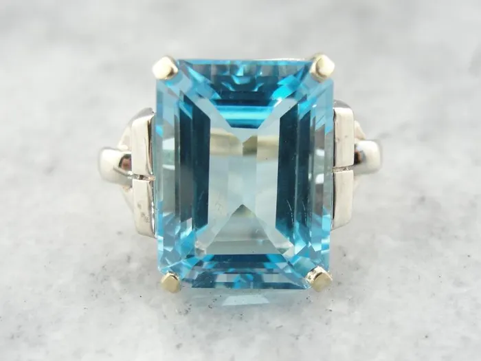 Market Square Jewelers Rings Bold Late Retro Era Cocktail Ring with London Blue Topaz Centerpiece Market Square Jewelers Rings Bold Late Retro Era Cocktail Ring with London Blue Topaz Centerpiece