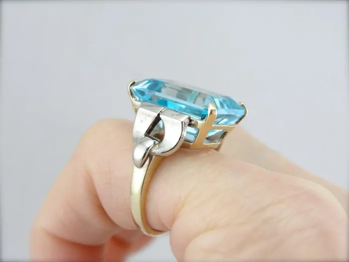 Market Square Jewelers Rings Bold Late Retro Era Cocktail Ring with London Blue Topaz Centerpiece Market Square Jewelers Rings Bold Late Retro Era Cocktail Ring with London Blue Topaz Centerpiece