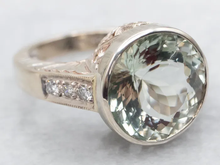 Market Square Jewelers Rings Prasiolite Quartz and Diamond Ring with Floral Shoulders Market Square Jewelers Rings Prasiolite Quartz and Diamond Ring with Floral Shoulders