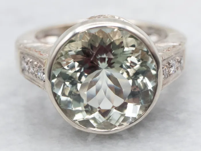 Market Square Jewelers Rings Prasiolite Quartz and Diamond Ring with Floral Shoulders