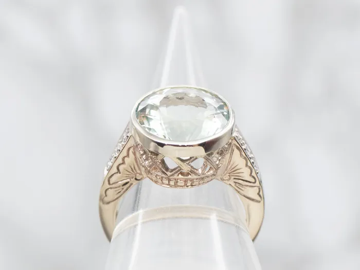 Market Square Jewelers Rings Prasiolite Quartz and Diamond Ring with Floral Shoulders