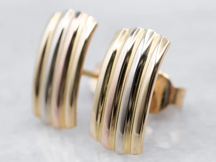 Market Square Jewelers Tricolor 18 Karat Gold Ribbed Stud Earrings Earrings Market Square Jewelers Tricolor 18 Karat Gold Ribbed Stud Earrings Earrings