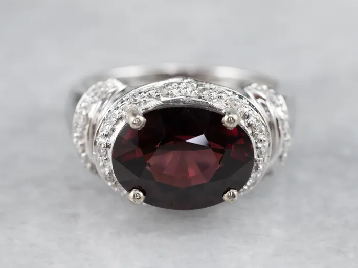 Modern Pyrope Garnet and Diamond Halo Ring Market Square Jewelers Rings