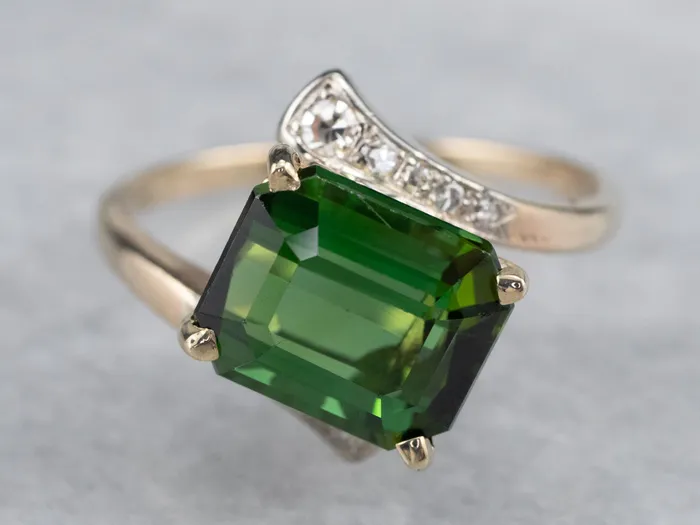 MSJ Office Rings Retro Green Tourmaline and Diamond Bypass Ring