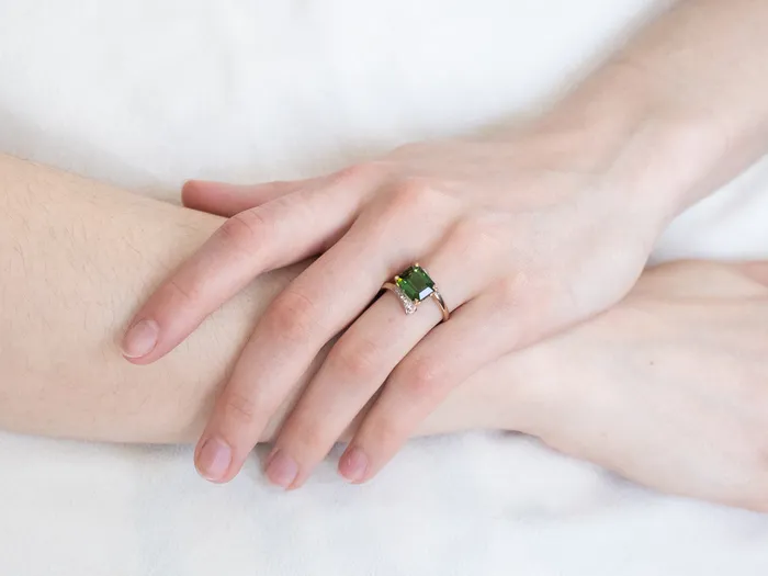MSJ Office Rings Retro Green Tourmaline and Diamond Bypass Ring MSJ Office Rings Retro Green Tourmaline and Diamond Bypass Ring