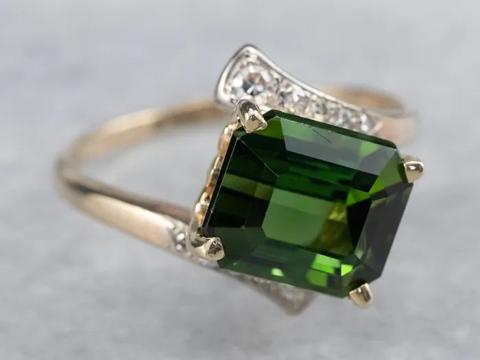 MSJ Office Rings Retro Green Tourmaline and Diamond Bypass Ring MSJ Office Rings Retro Green Tourmaline and Diamond Bypass Ring