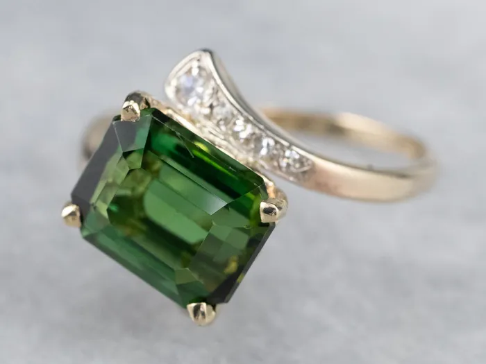 MSJ Office Rings Retro Green Tourmaline and Diamond Bypass Ring MSJ Office Rings Retro Green Tourmaline and Diamond Bypass Ring