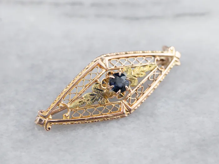 MSJ Office Rings Two Tone Gold Art Nouveau Era Sapphire Pin