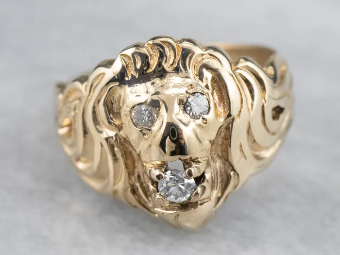 MSJ Office Rings Unisex Gold Diamond Lion Head Ring MSJ Office Rings Unisex Gold Diamond Lion Head Ring