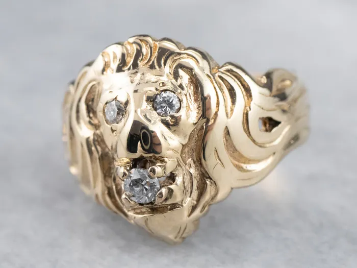 MSJ Office Rings Unisex Gold Diamond Lion Head Ring MSJ Office Rings Unisex Gold Diamond Lion Head Ring