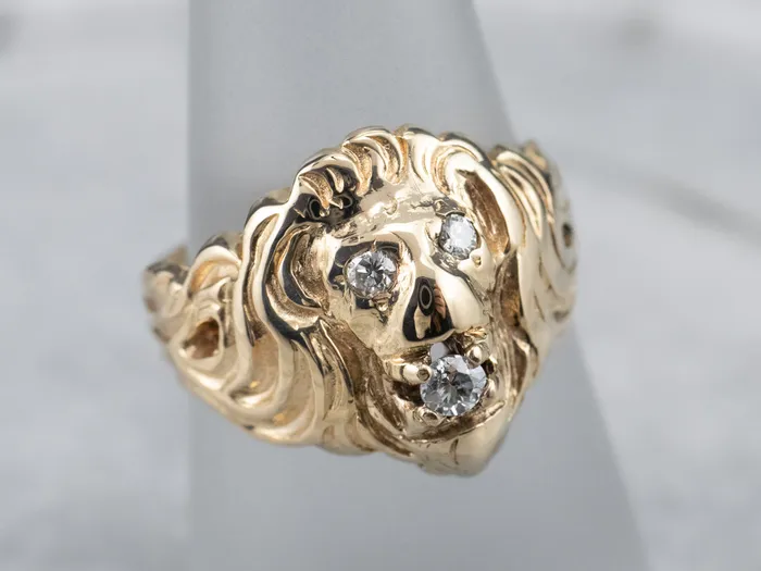 MSJ Office Rings Unisex Gold Diamond Lion Head Ring MSJ Office Rings Unisex Gold Diamond Lion Head Ring