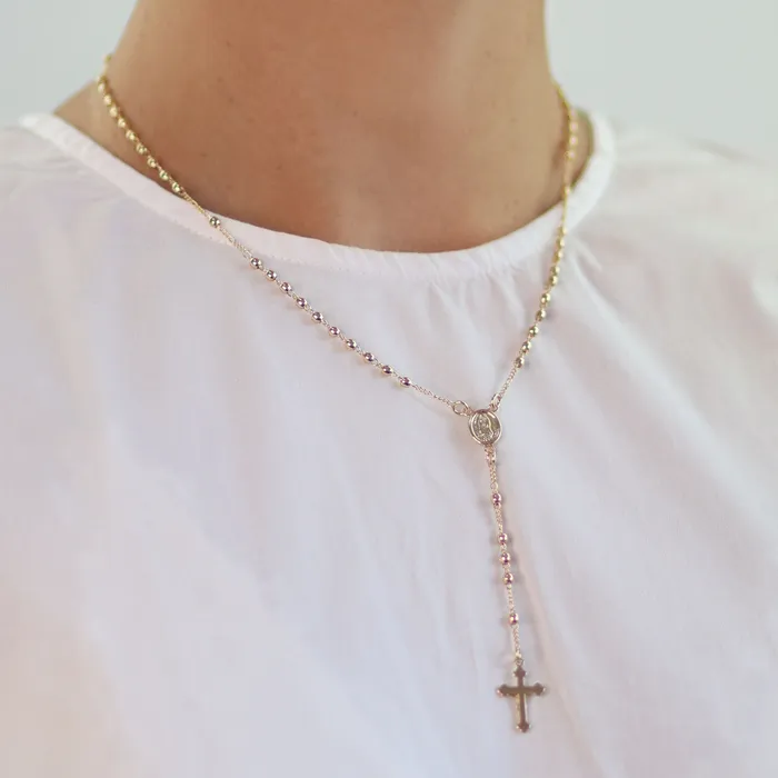 Necklaces BlingJewelry Wholesale 18K Gold Plated Virgin Mary Rosary Necklace for Teens with Crucifix Charm