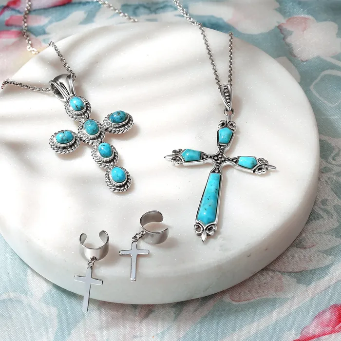 Necklaces BlingJewelry Wholesale Vintage Western Turquoise Gemstone Cross Pendant Necklace in Sterling Silver