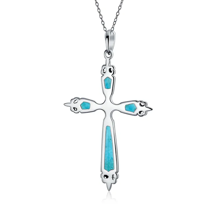 Necklaces BlingJewelry Wholesale Vintage Western Turquoise Gemstone Cross Pendant Necklace in Sterling Silver