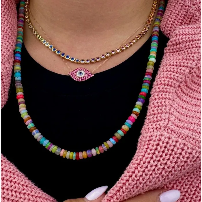 Necklaces Classic Creations 18kt Yellow Gold Rainbow Sapphire Tennis Necklace