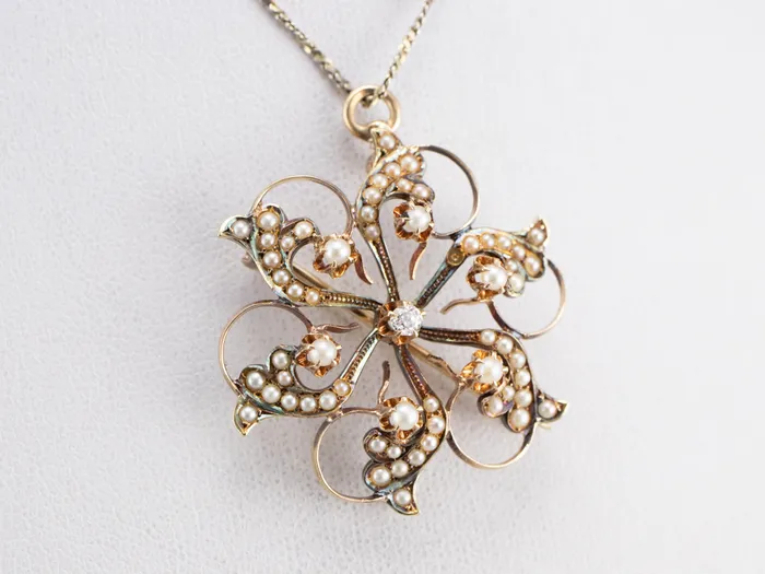 Necklaces Victorian Old Mine Cut Diamond and Pearl Pin or Pendant Market Square Jewelers Necklaces Victorian Old Mine Cut Diamond and Pearl Pin or Pendant Market Square Jewelers