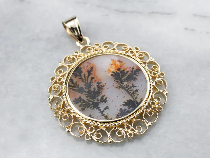 PreStyled Sets Dendritic Agate Gold Filigree Statement Pendant Market Square Jewelers PreStyled Sets Dendritic Agate Gold Filigree Statement Pendant Market Square Jewelers