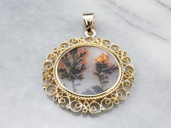 PreStyled Sets Dendritic Agate Gold Filigree Statement Pendant Market Square Jewelers PreStyled Sets Dendritic Agate Gold Filigree Statement Pendant Market Square Jewelers