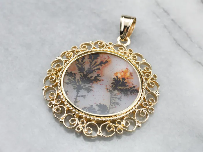 PreStyled Sets Dendritic Agate Gold Filigree Statement Pendant Market Square Jewelers PreStyled Sets Dendritic Agate Gold Filigree Statement Pendant Market Square Jewelers