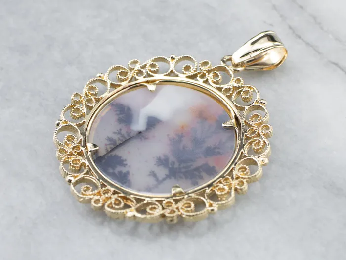 PreStyled Sets Dendritic Agate Gold Filigree Statement Pendant Market Square Jewelers PreStyled Sets Dendritic Agate Gold Filigree Statement Pendant Market Square Jewelers