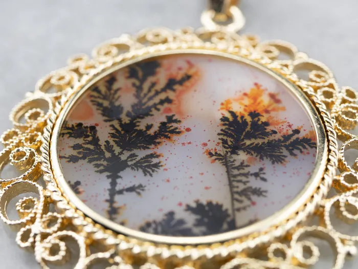 PreStyled Sets Dendritic Agate Gold Filigree Statement Pendant Market Square Jewelers PreStyled Sets Dendritic Agate Gold Filigree Statement Pendant Market Square Jewelers