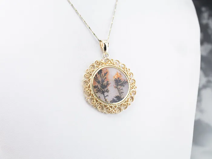 PreStyled Sets Dendritic Agate Gold Filigree Statement Pendant Market Square Jewelers PreStyled Sets Dendritic Agate Gold Filigree Statement Pendant Market Square Jewelers