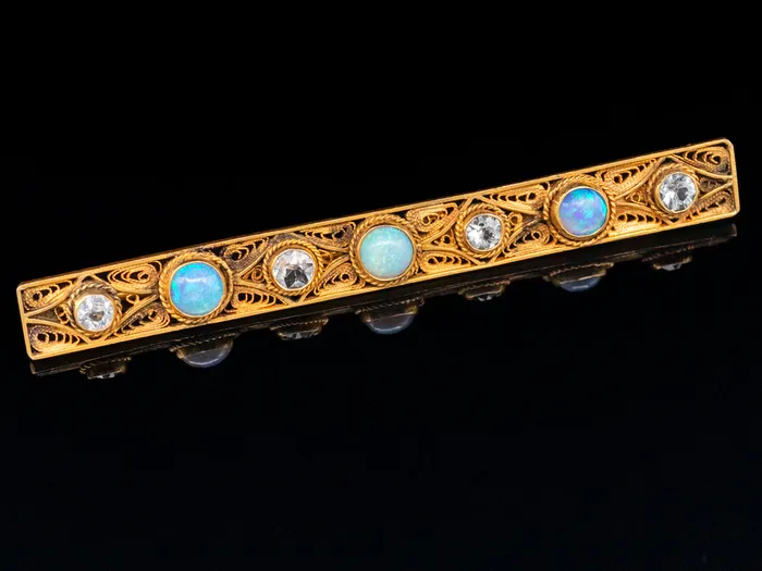 PreStyled Sets Market Square Jewelers Australian Opal and Aquamarine Gold Filigree Bar Pin PreStyled Sets Market Square Jewelers Australian Opal and Aquamarine Gold Filigree Bar Pin