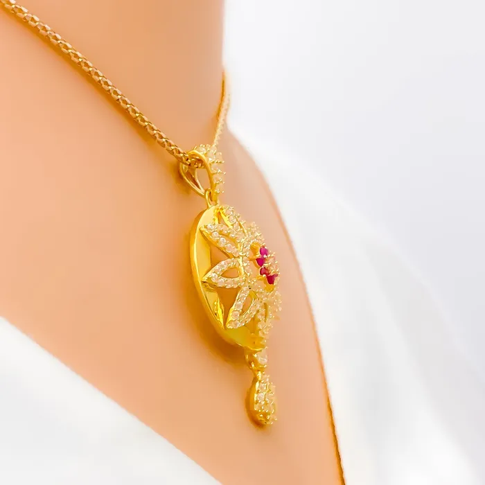 PreStyled Sets Reflective Domed Flower 22k Gold CZ Pendant Set Andaaz Jewelers