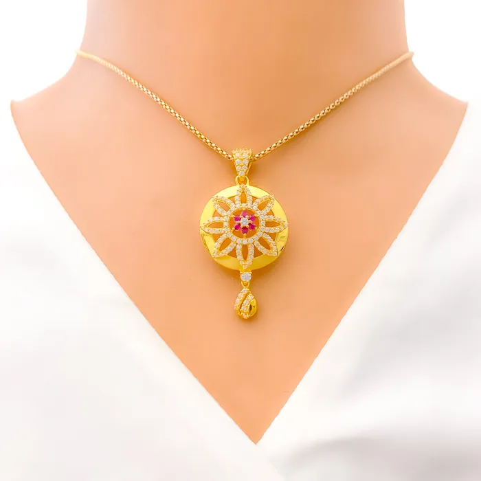 PreStyled Sets Reflective Domed Flower 22k Gold CZ Pendant Set Andaaz Jewelers