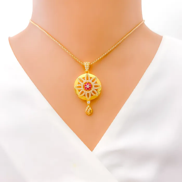 PreStyled Sets Reflective Domed Flower 22k Gold CZ Pendant Set Andaaz Jewelers