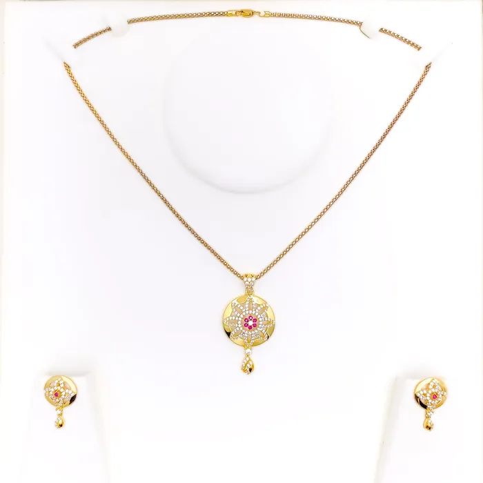 PreStyled Sets Reflective Domed Flower 22k Gold CZ Pendant Set Andaaz Jewelers