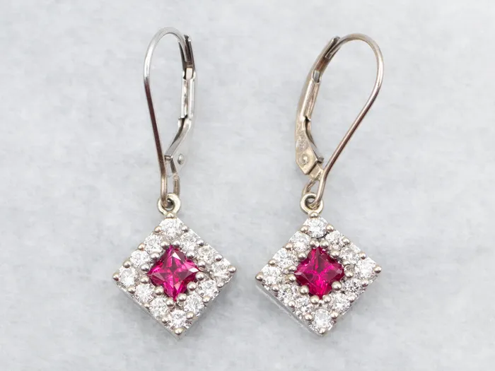 Pretty Ruby and Diamond Halo Drop Earrings Market Square Jewelers Earrings