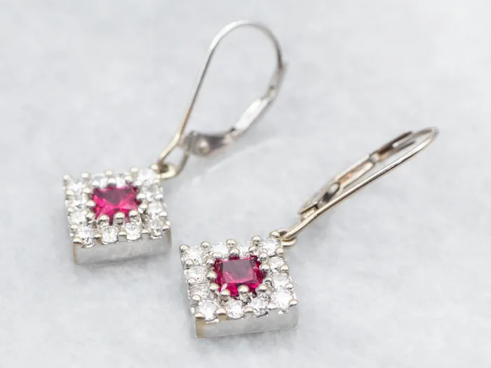 Pretty Ruby and Diamond Halo Drop Earrings Market Square Jewelers Earrings Pretty Ruby and Diamond Halo Drop Earrings Market Square Jewelers Earrings