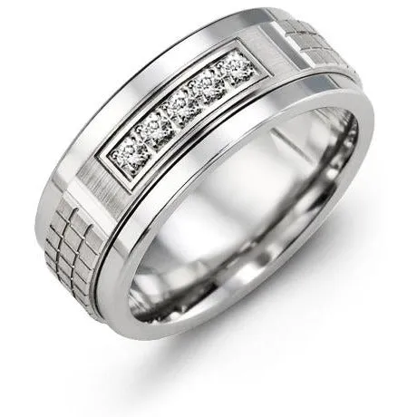 Rings 9mm Tungsten 14K White Gold Ring 5 Diamonds tcw 015 Madani