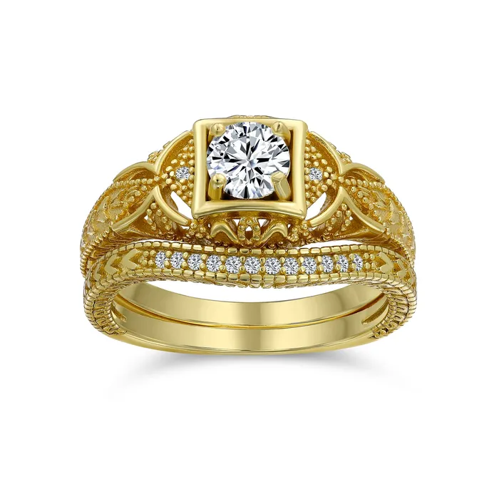 Rings BlingJewelry Wholesale CZ Victorian Art Deco Cocktail Statement Ring 1CTW Princess Solitaire Sterling Silver