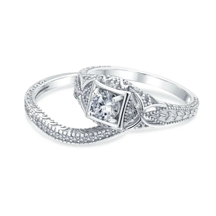 Rings BlingJewelry Wholesale CZ Victorian Art Deco Cocktail Statement Ring 1CTW Princess Solitaire Sterling Silver