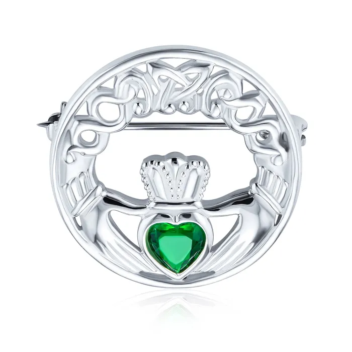 Rings BlingJewelry Wholesale Traditional Irish Celtic Claddagh Brooche Pin with Red Heart CZ Sterling Silver