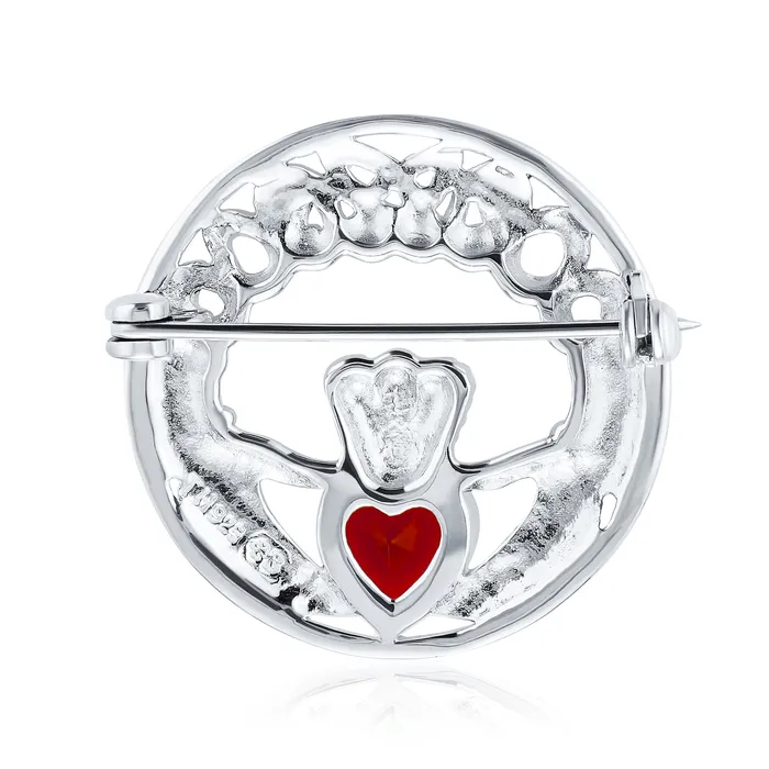 Rings BlingJewelry Wholesale Traditional Irish Celtic Claddagh Brooche Pin with Red Heart CZ Sterling Silver