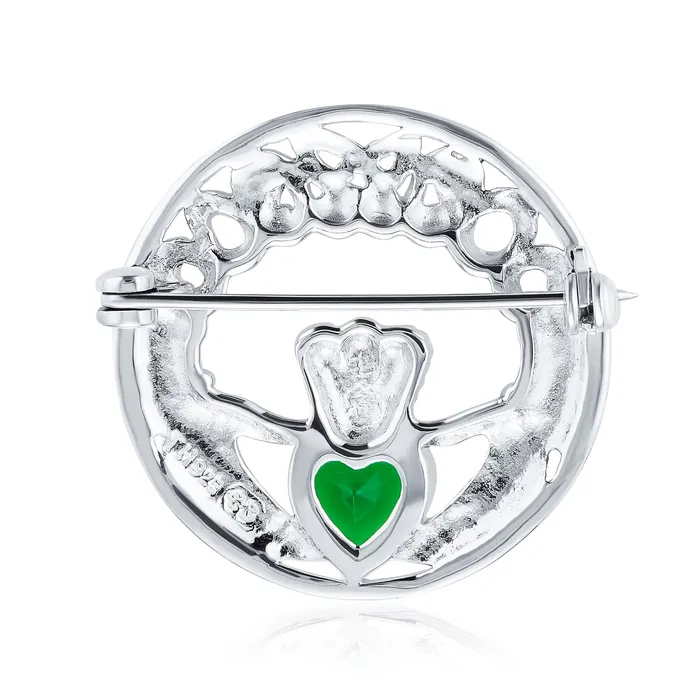 Rings BlingJewelry Wholesale Traditional Irish Celtic Claddagh Brooche Pin with Red Heart CZ Sterling Silver