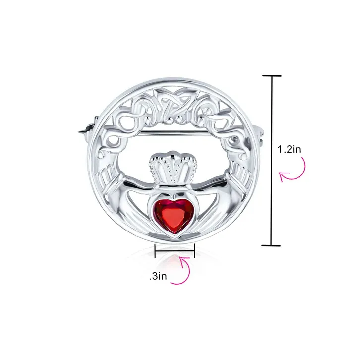 Rings BlingJewelry Wholesale Traditional Irish Celtic Claddagh Brooche Pin with Red Heart CZ Sterling Silver