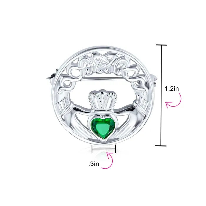 Rings BlingJewelry Wholesale Traditional Irish Celtic Claddagh Brooche Pin with Red Heart CZ Sterling Silver