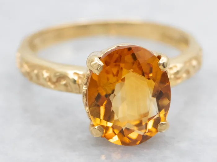 Rings Market Square Jewelers Citrine Solitaire Ring with 18Karat Gold Pattern Shoulders
