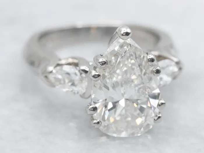 Rings Market Square Jewelers GIA Certified Pear Cut Diamond Three Stone Engagement Ring